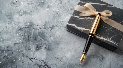 Fountain pen on marble and gray background. Gift concept. Copy space