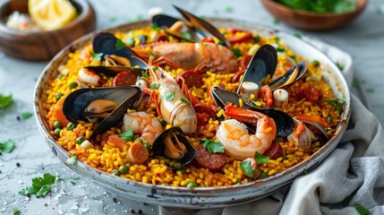 Seafood paella with shrimp, mussels, and chorizo served on a table - obrazy, fototapety, plakaty