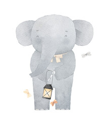 Cute little elephant holding a lantern. watercolor illustration. Vintage. Can be used for cards, invitations, baby shower, posters.