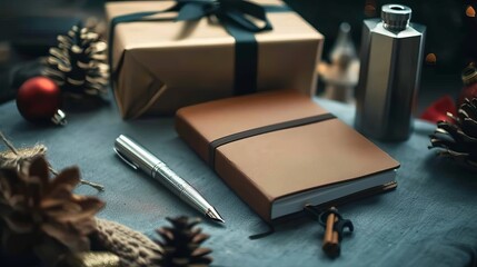 Gift box, an elegantly wrapped package, representing thoughtfulness, concealing surprises and thoughtful expressions of appreciation and love. It contains a notebook, flask, pen and much more - obrazy, fototapety, plakaty