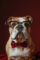 Bulldog, a carnivorous dog breed, wearing bow tie and glasses