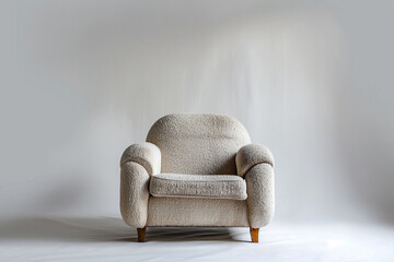 An armchair upholstered in textured fabric, placed on a solid white backdrop. - obrazy, fototapety, plakaty