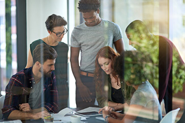 Business people, startup or tablet for designers in meeting for online website, research or strategy. Document, planning or staff in office for teamwork, collaboration or creative ideas on technology