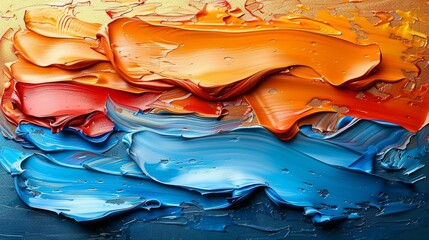 An abstract oil painting design in orange, gold, and blue.