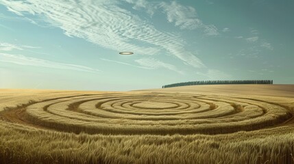 Fototapeta na wymiar A serene view of a crop circle formation in a field with a UFO hovering above, hinting at extraterrestrial communication on World UFO Day.