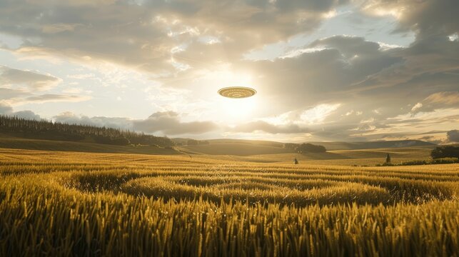 A serene view of a crop circle formation in a field with a UFO hovering above, hinting at extraterrestrial communication on World UFO Day.