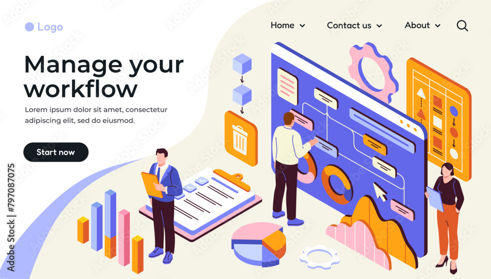 Aufkleber workflow and business management. landing page template with office workers and employees analyzing 