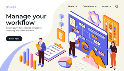 Workflow and business management. Landing page template with office workers and employees analyzing graphs, charts and diagrams. Productivity and teamwork. Cartoon isometric 3D vector illustration