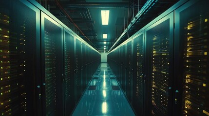 A serene view of a data center with rows of servers processing statistical information for National Statistics Day.