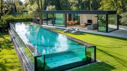Modern swimming pool covered with glass panels beside a green lawn garden including trees and chairs