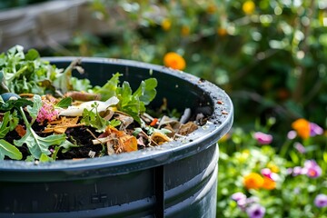 Individual composting food scraps in backyard compost bin for sustainable gardening. Concept Backyard Composting, Food Scraps, Sustainable Gardening, Compost Bin, Individual Efforts