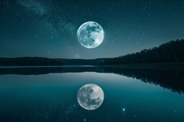 Fototapeta na wymiar Two moons reflection on water under night sky creates mesmerizing atmosphere