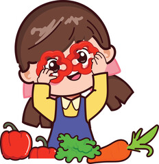 Happy girl having fun with vegetables at kitchen. Cartoon hand drawn vector design.