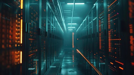 A serene view of a data center with rows of servers processing statistical information for National Statistics Day. - obrazy, fototapety, plakaty