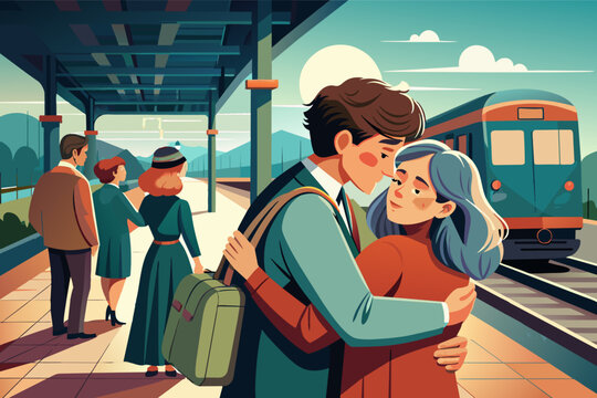 A bittersweet farewell scene at a train station, capturing the sadness of separation and the promise  future reunion.