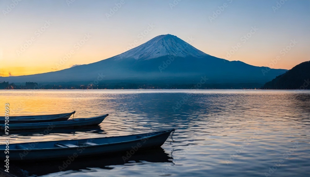 Wall mural beautiful scenery during sunrise of lake saiko in japan with the rowboat parked on the waterfront an