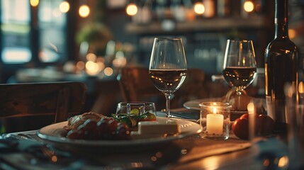 Elegant dining setting with wine glasses, candles, and appetizers on a table in a dimly-lit restaurant.