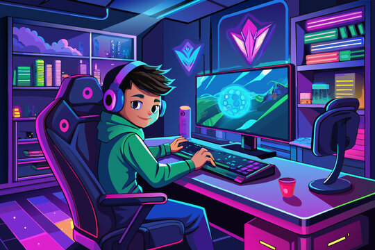 A boy customizing his gaming setup with personalized decals and LED lighting strips in his luxury gaming room