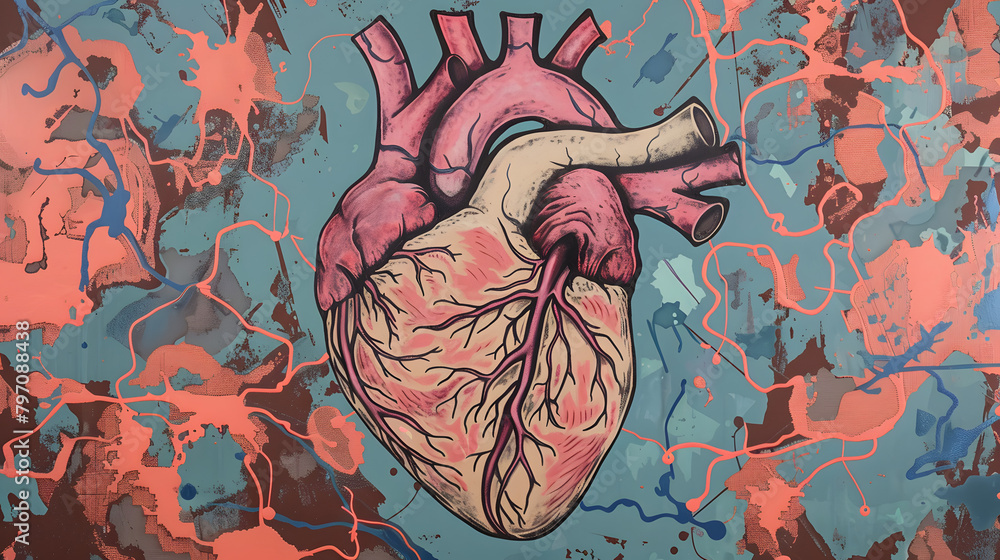 Poster a heart with pink and brown veins. surrounded by red and blue patterns representing the venous syste