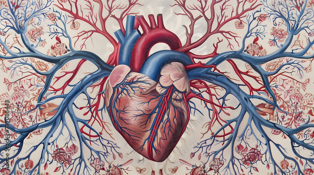 Poster a heart with pink and brown veins. surrounded by red and blue patterns representing the venous syste