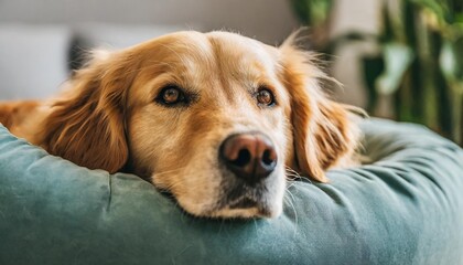 resting dog in a comfortable pet bed a golden retriever lies snugly in a round plush dog bed with eyes gently gazing forward in a home environment
