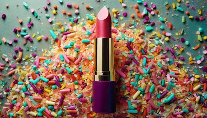 creative concept with lipstick with colorful cake sprinkles minimal make up background