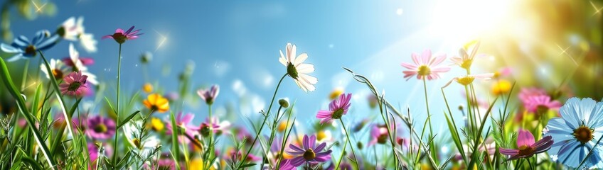 blue sky and green grass, with colorful wildflowers blooming in front of it under sunlight Generative AI