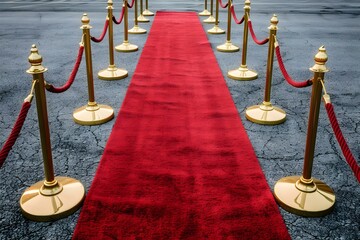 Red carpet with golden barriers and ropes for VIPs at events. Concept Event Planning, Customer Service, VIP Experience, Event Production, Luxury Services