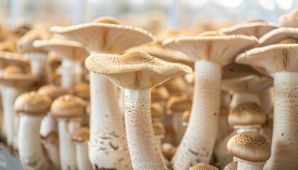 Closeup of edible mushrooms growing on a wooden table - Powered by Adobe