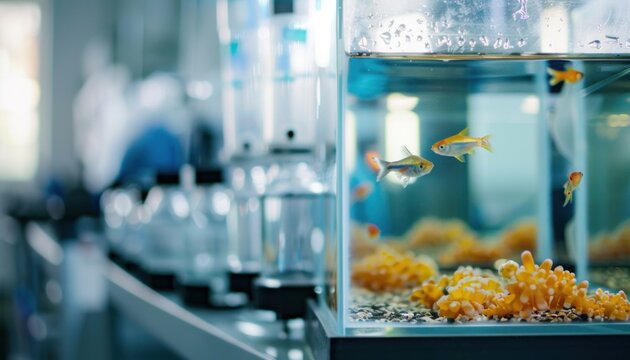 Small fish tank with fish in lab for study on aquatic life
