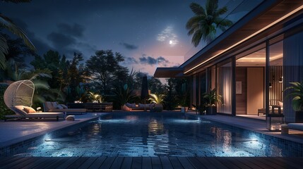 real estate Luxury Interior and exterior design pool villa with living room at night sky home, house ,sun bed ,sofa - obrazy, fototapety, plakaty