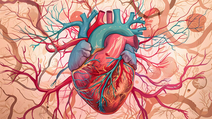 A heart with red and blue veins. surrounded by pink and brown patterns representing the venous system. 