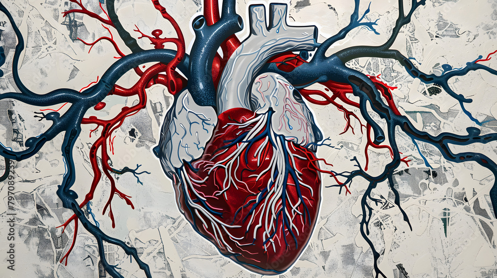 Poster a heart with red and blue veins. surrounded by white and grey patterns representing venous system
