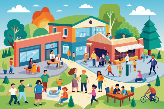 A bustling community center offering resources and support to help those in need, highlighting social responsibility.