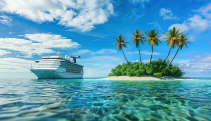 A cruise ship floats by a small island with palm trees in azure waters