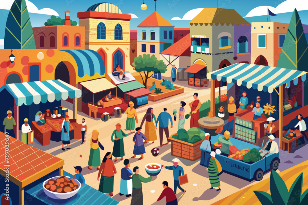 Wall mural a bustling marketplace with people vector