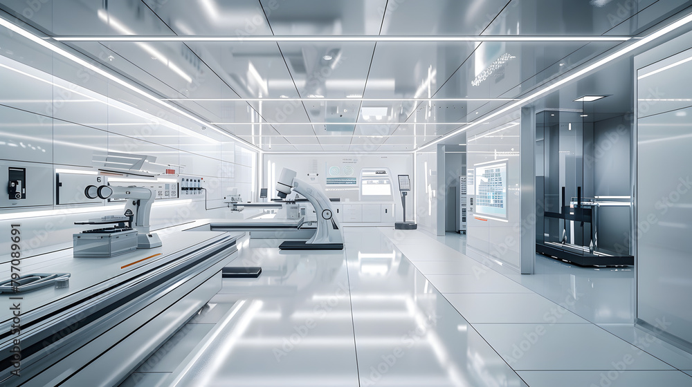 Poster a high-tech laboratory with white walls and modern equipment. including an advanced ai system for pr