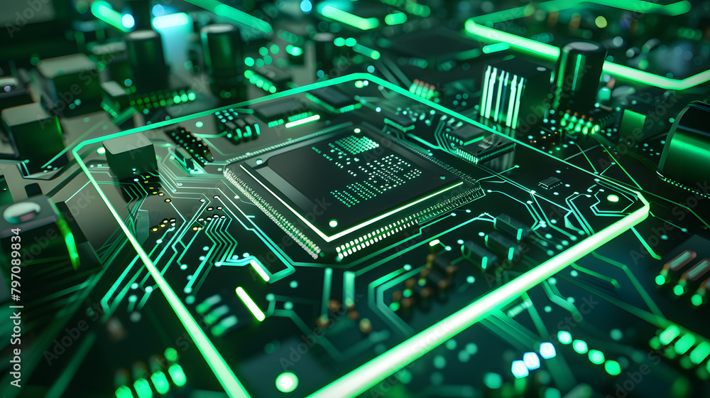 Poster a hightech electronic circuit board being presented on an illuminated table in the lab. surrounded b