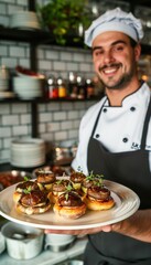 Chef smiling, holding a plate of food in the kitchen