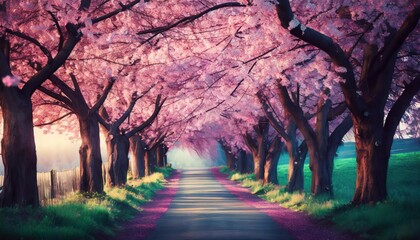 beautiful pink flowering cherry tree way - obrazy, fototapety, plakaty