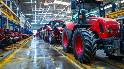 Tractor Manufacture work. Assembly line inside the agricultural machinery factory. Installation of parts on the tractor body - Image