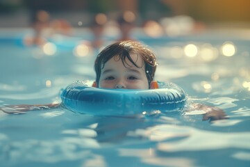 Small boy with a pool float learning to swim