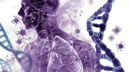A human body with an Xray view of the lungs and broken DNA strands on white background. purple color scheme. The figure is wearing black . A blue double helix in front 