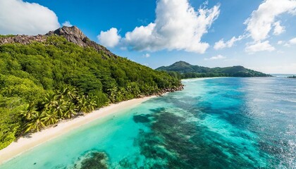 aerial view of la digue beach a beautiful tropical beach along the coastline in la digue and inner...