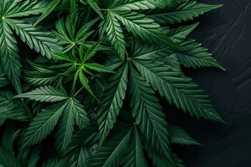 Cannabis sativa plants on black background. Marijuana leaves and Buds, top view. Horticultural industry - obrazy, fototapety, plakaty
