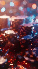 Casino chip stacks with colorful bokeh lights