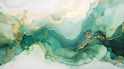 Abstract green liquid background with glitter golden line and splash. Marble alcohol ink, luxury fluid art painting