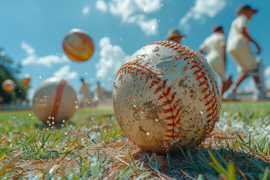 Dynamic youths hitting cricket balls on a green pitch, showcasing technique and strategy in youth cricket matches. Concept of junior cricket competition. Generative Ai. - Powered by Adobe