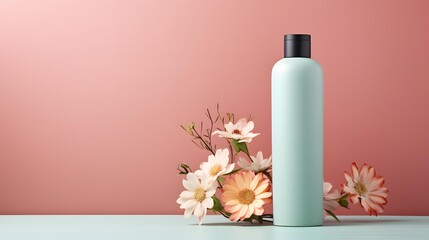 Shampoo bottle mockup with pump for cosmetic products.on light pink background with flowers. Front view. Natural Organic Spa Cosmetic concept.
