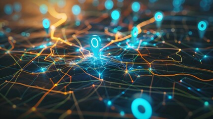Digital GPS, neon map pin location.  Innovation navigation technology concept, network connection, information pointers